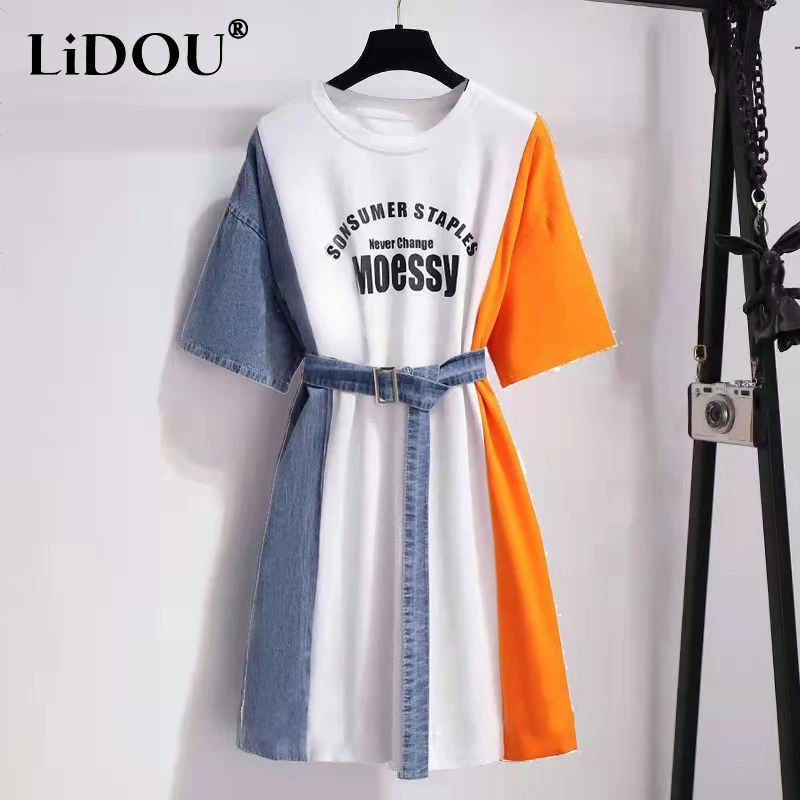 2024 Summer Casual Fashion Print Denim Spliced Short Sleeve Belt T-shirt Dresses Oversized Women O Neck Loose Waist Dress Femme