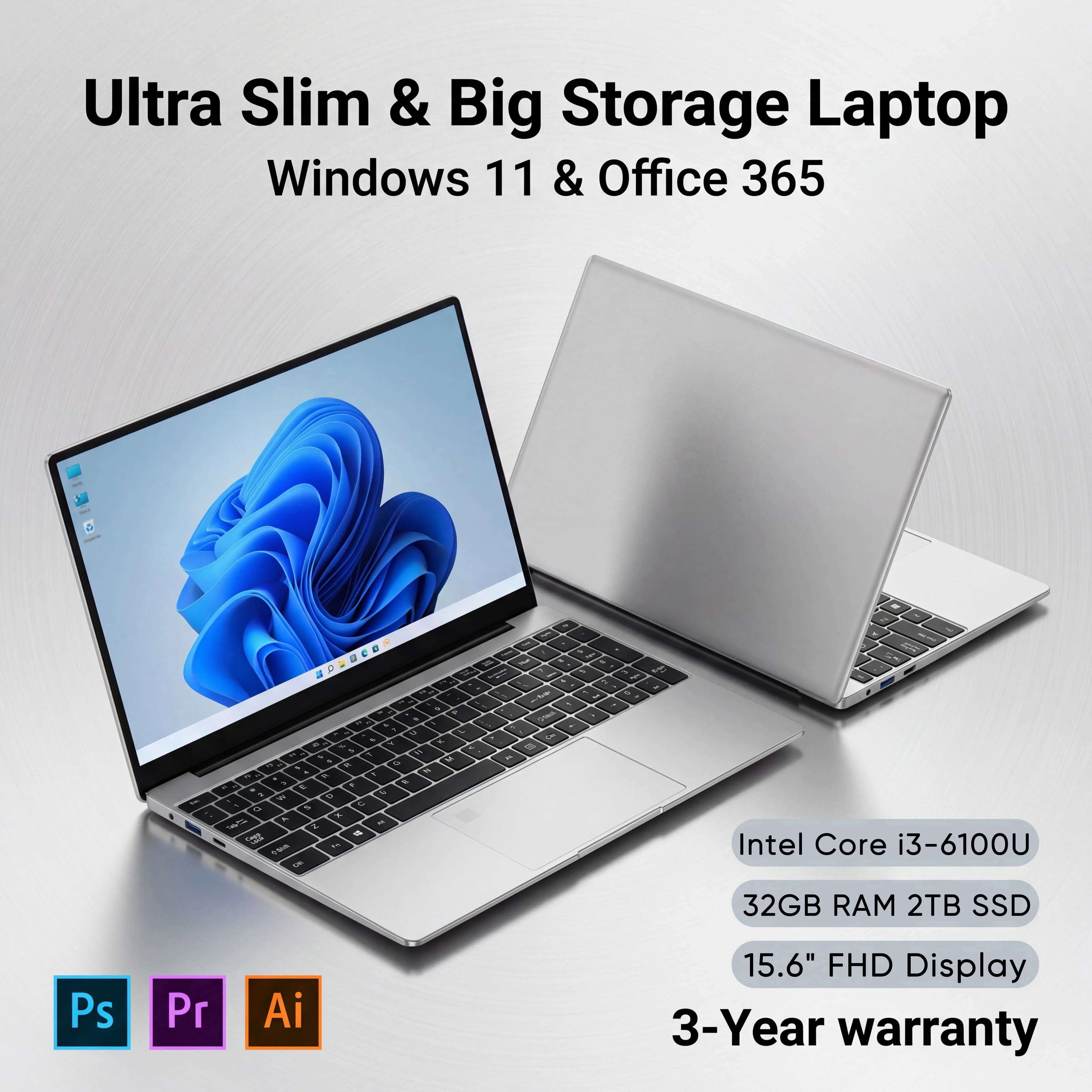 New Ultra Slim 15.6 Inch Laptop Intel Core I3-6100U 32GB RAM 2TB SSD 1920*1080 FHD Display Windows 11 Pro Office Study Computer