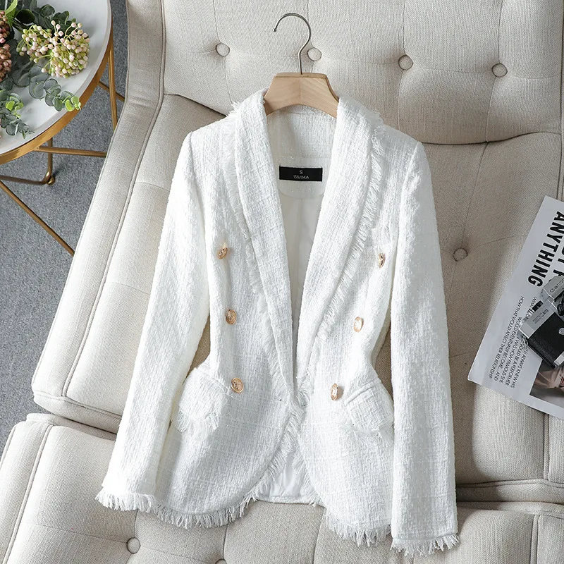 

Women's Spring and Autumn Flower Tweed Suit Coat 2025 New Double breasted Flip Collar Small Fragrant Top