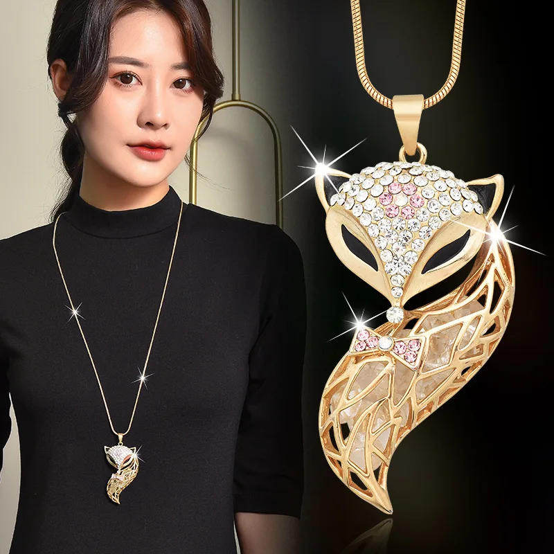 

2024 Korean Fashion Crystal Fox Pendant Necklace Gold Color Snake Chain for Women Wedding Engagement Jewelry