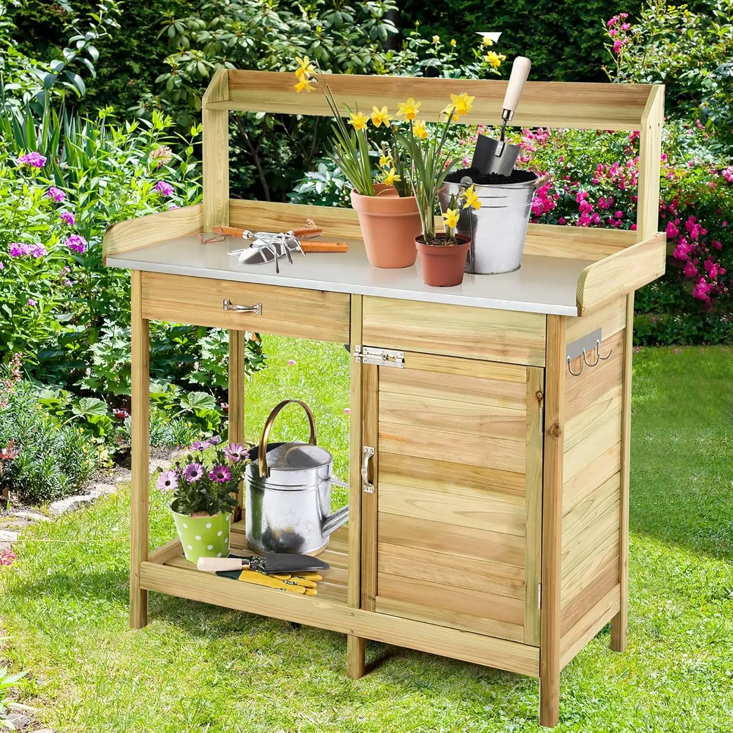 Wooden Garden Work Station Potting Bench Table With Drawer Cabinet