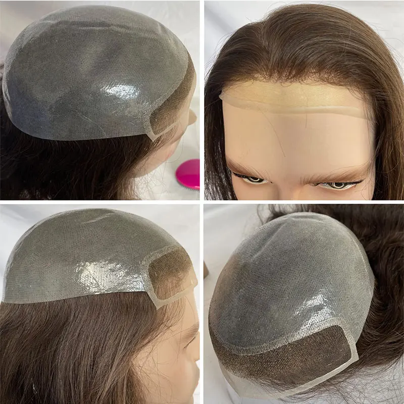 Toupee frontal de renda suíça para homens, cabelo humano com pele macia e fina, sistema de cabelo em V, peças reais de cabelo humano