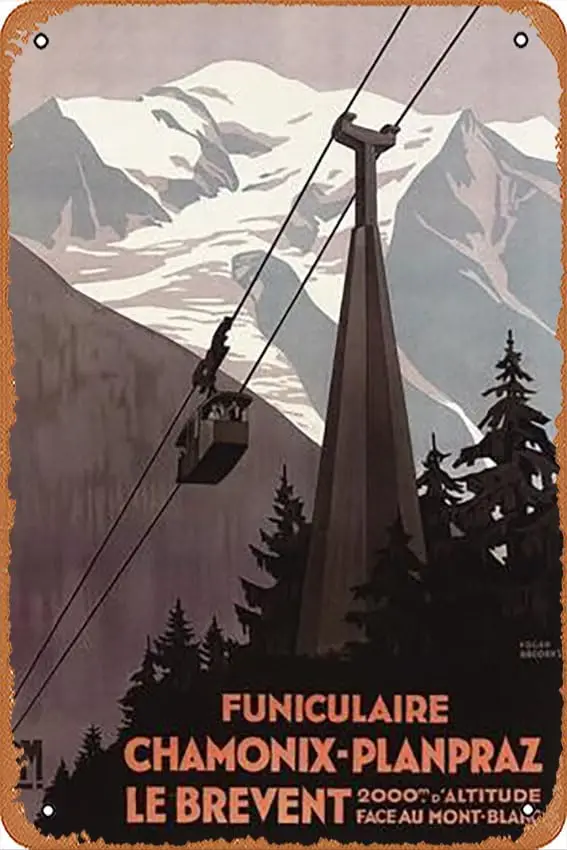 Metal Tin Sign  - Chamonix Mont-Blanc, France - Funiculaire Le Brevent Cable Car Poster - Poster Metal Plaque Cafe, Bar, Home Wa