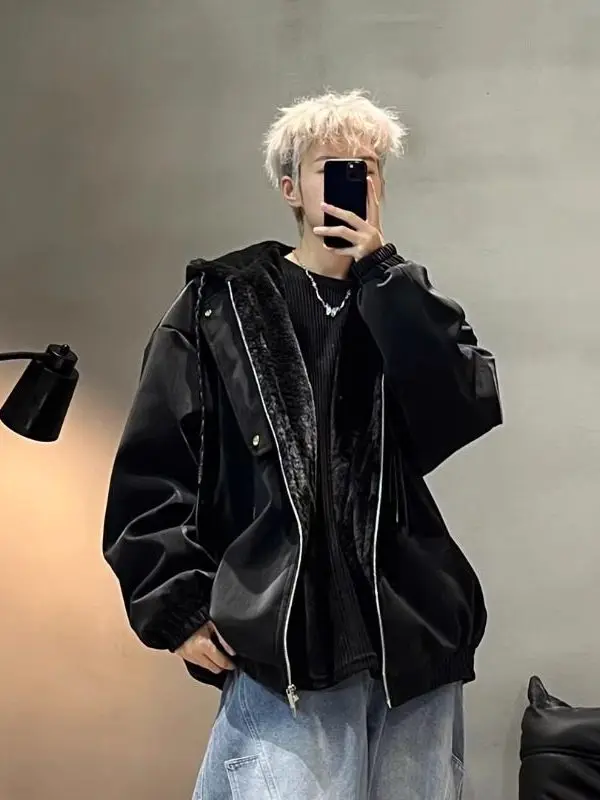 

Faionable Urban PU Leather Jaet with Fce Zipper Motorcycle Sle for Men And Women Warm Hooded Cotton Clothes for Couples