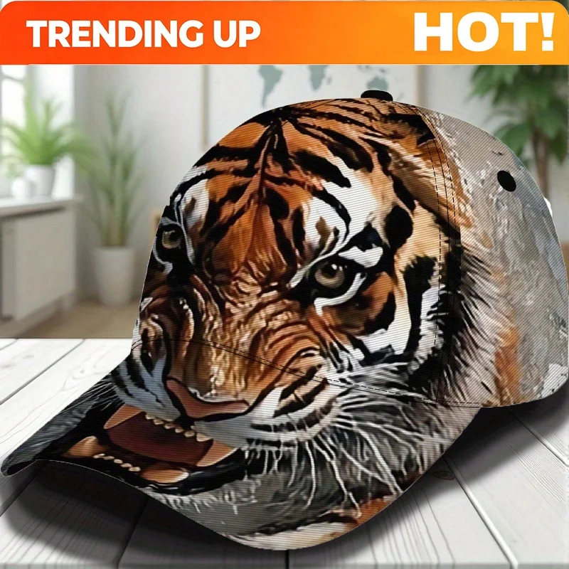 Customization 1pc Fierce Tiger Print Hip-Hop Cap With Full-Body Tiger Design, Adjustable Snapback, Breathable PET/PSF For Men &