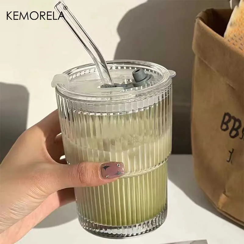 1/2PCS 380ml Stripe Glass Cup Transparent Glasses With Lid and Straw Ice Coffee Mug Tea Cup Juice Glass Milk Water Cup Drinkware