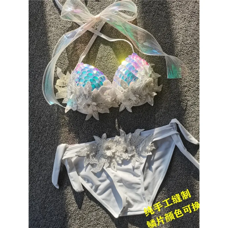 Customized Mermaid Sequins Shell Bikini Top Aquarium Bar Electric Music Festival Performance Fish Tail Skin Outfit