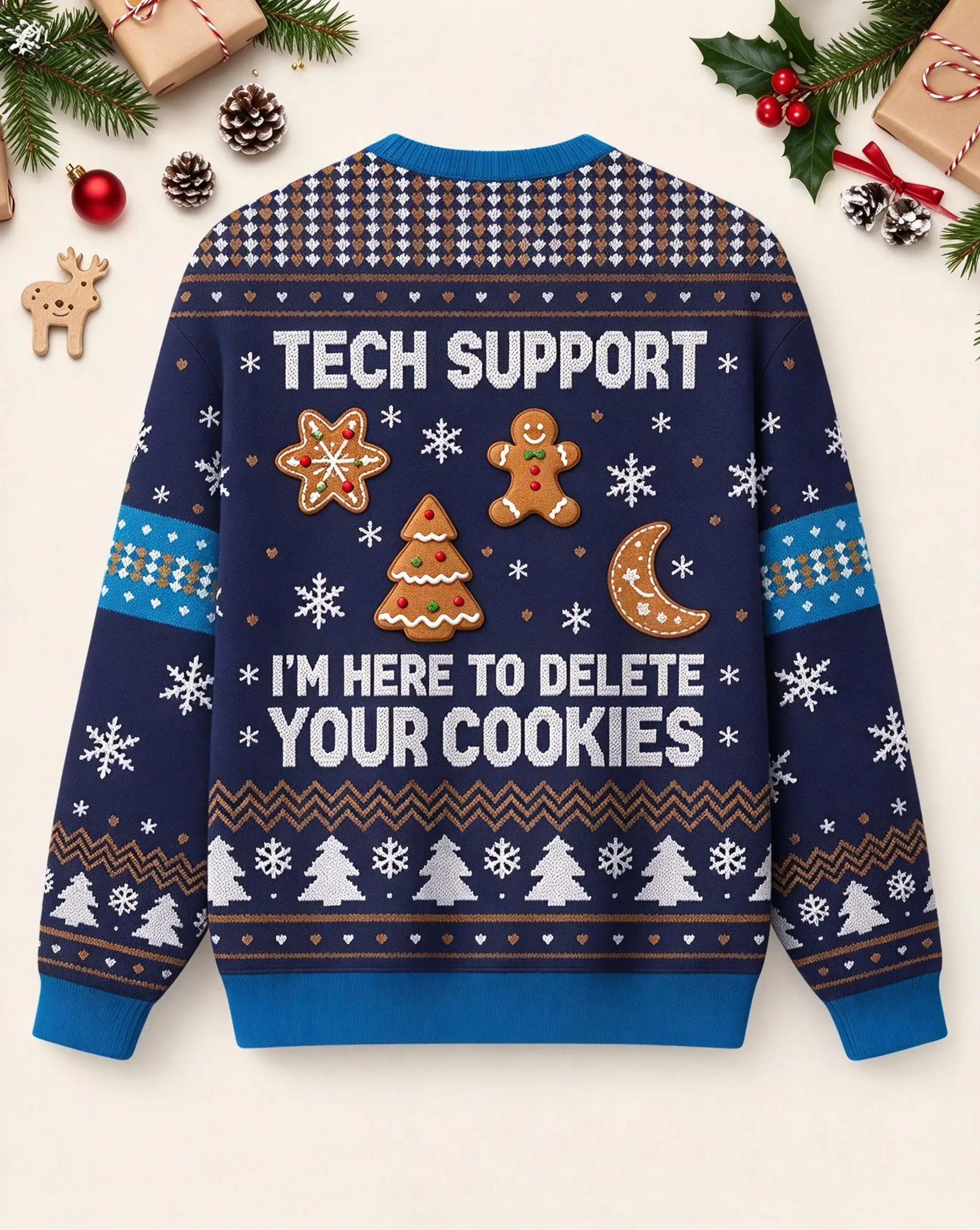 Men Crewneck Polyester Sweatshirt Tech Support Delete Your Cookies Gingerbread Xmas Pullover