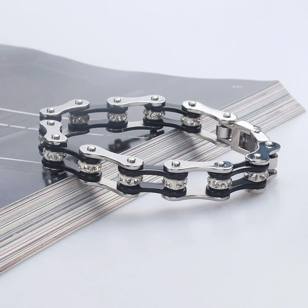 أساور رجالي، أساور ربط سلسلة الدراجات النارية على شكل فاسق للنساء، توزيع دعم المجوهرات المصنوعة من الفولاذ المقاوم للصدأ باللون الأسود #3