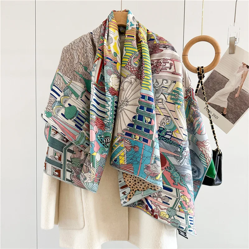 Classic Prints Wool Blanket Scarf Shawl Double Sided Large Square Wool Warm Scarves Wraps for Women Autumn Winter Use 53\