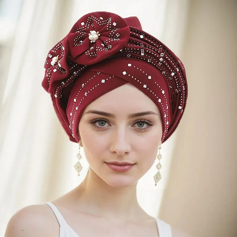 

Women Multilayer Flower Head Scarf Elegant Bling Rhinestones Evening Party Muslim Hijabs Female Fashion Arab Dubai Headtie Hats