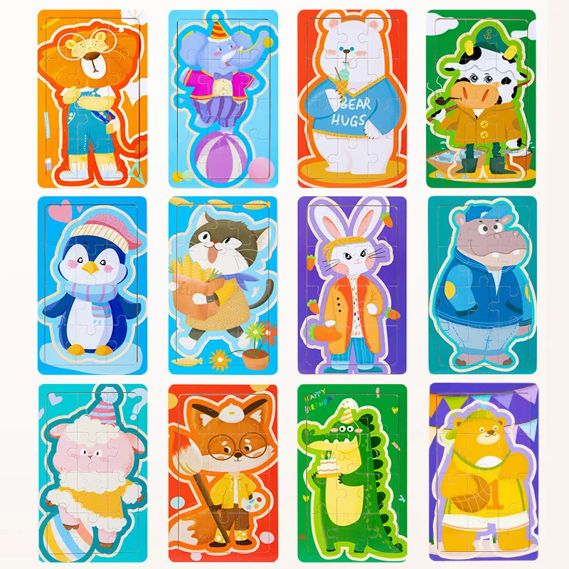 Cartoon Animal Wooden Puzzles 12 Pieces Montessori Jigsaw Game Baby Logic Thinking Training Early Learning Educational Toys Gift