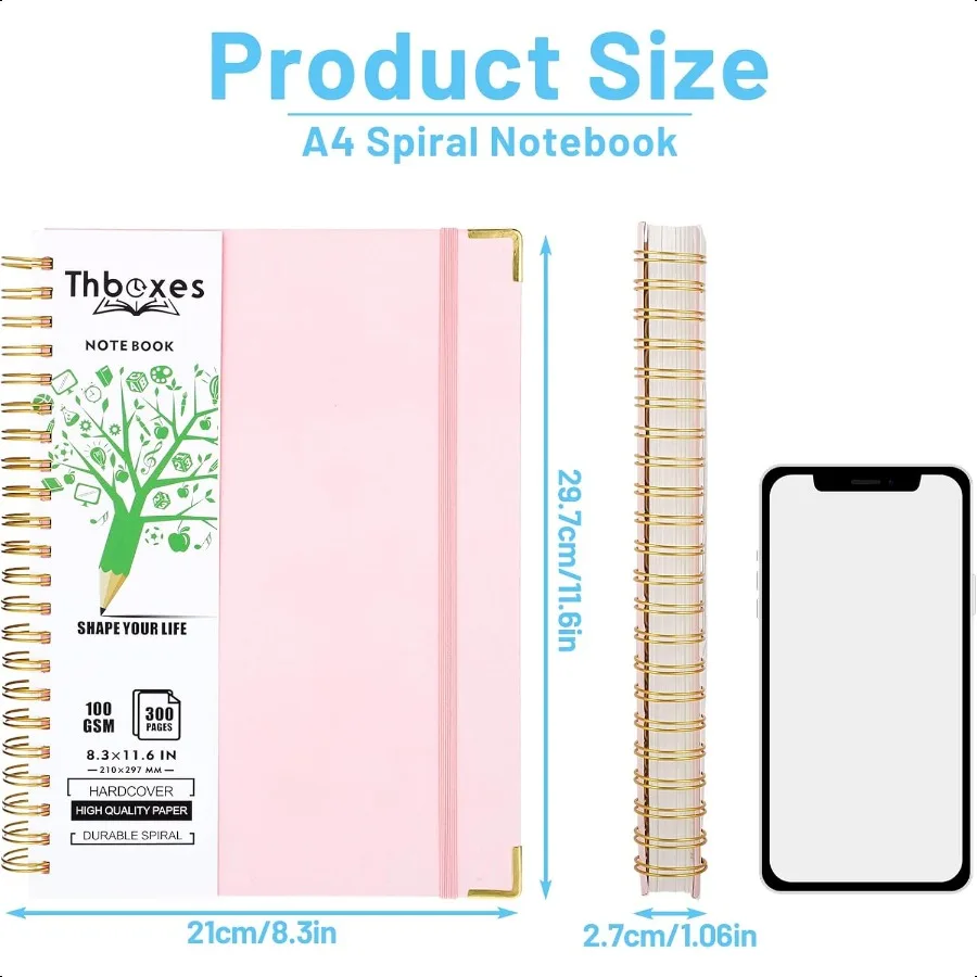 Spiral-Notizbuch, 8,3 x 11,6, 300 Seiten, 150 Blatt, rosa Notizbuch, College-Notizbuch, liniertes A4-Spiral-Notizbuch, Journaling-Notizbuch mit Index S
