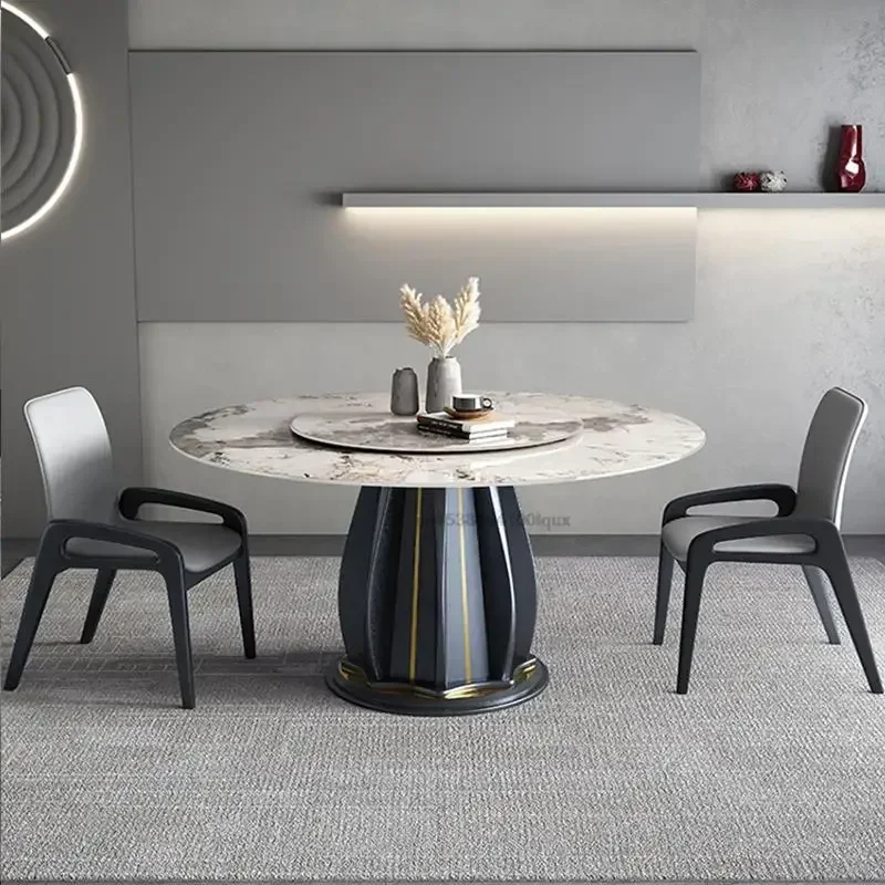 

Modern Minimalist Light Luxury Round Table Turntable Nordic High-end Rock Slab Dining Table And Chair Combination Home Furniture