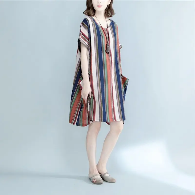 Robes en coton et lin pour femmes, mode t-shirt à rayures verticales, jupe d'été, protection solaire, décontractée, ample, manches courtes, robe surdimensionnée