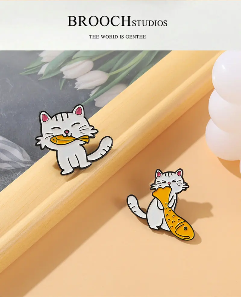 Enamel Pins Custom Cute Cats Greedy Fish White Series Brooch Lapel Badge Bag Cartoon Jewelry Gift for Kid Friend Fish and Cat