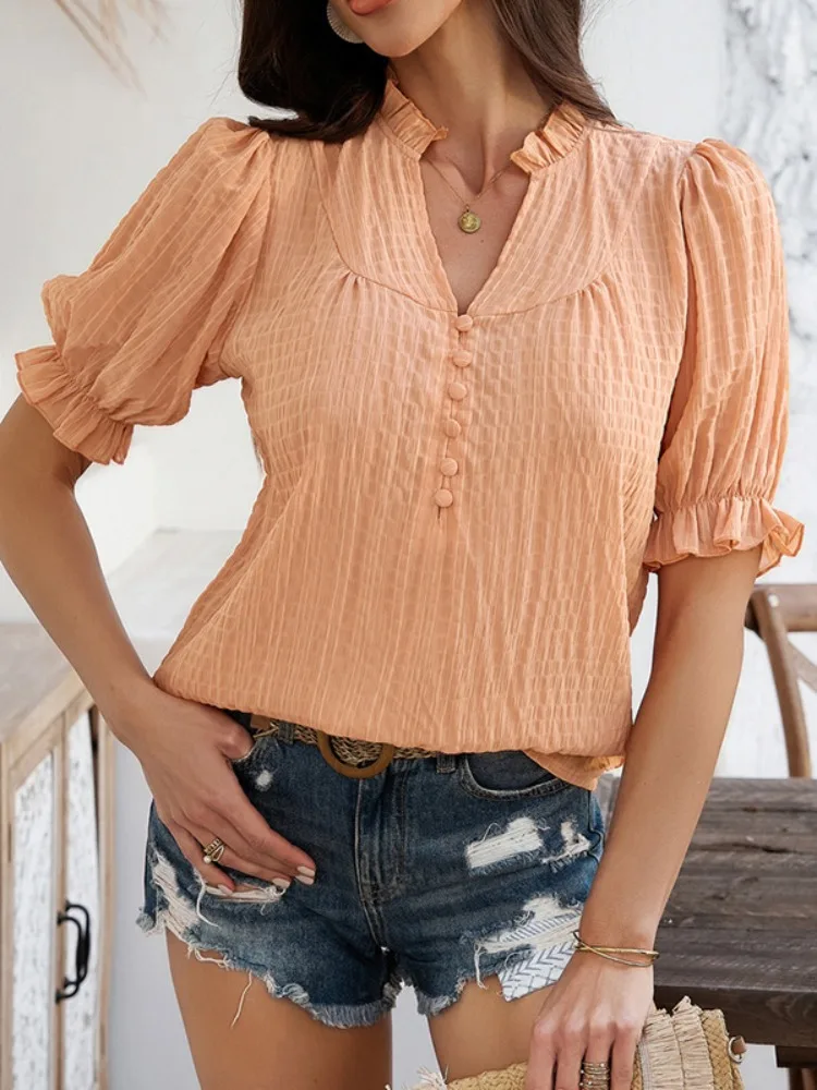

Lemongor Women Ruffle Trim Solid Color V-Neck Blouses Flared Sleeves Half Sleeves Buttoned Casual Daily Summer Top​s 2025