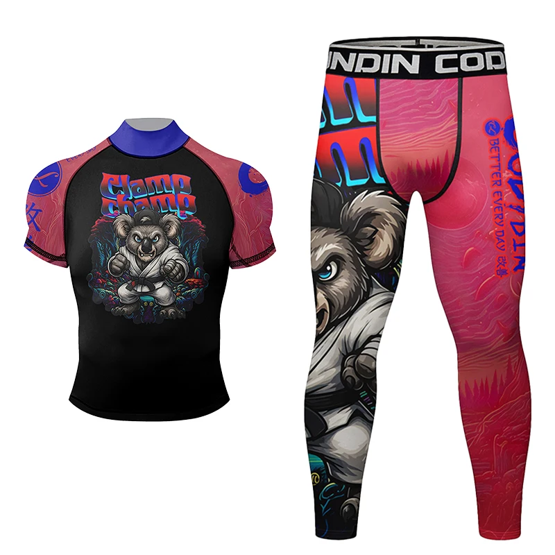 كودي لوندين عالية الرقبة طفح الحرس MMA السراويل + طماق 4/قطعة مجموعات الصالة الرياضية اللياقة البدنية ضغط ارتداء الرجال MMA Rashguard مع المطاط مكافحة