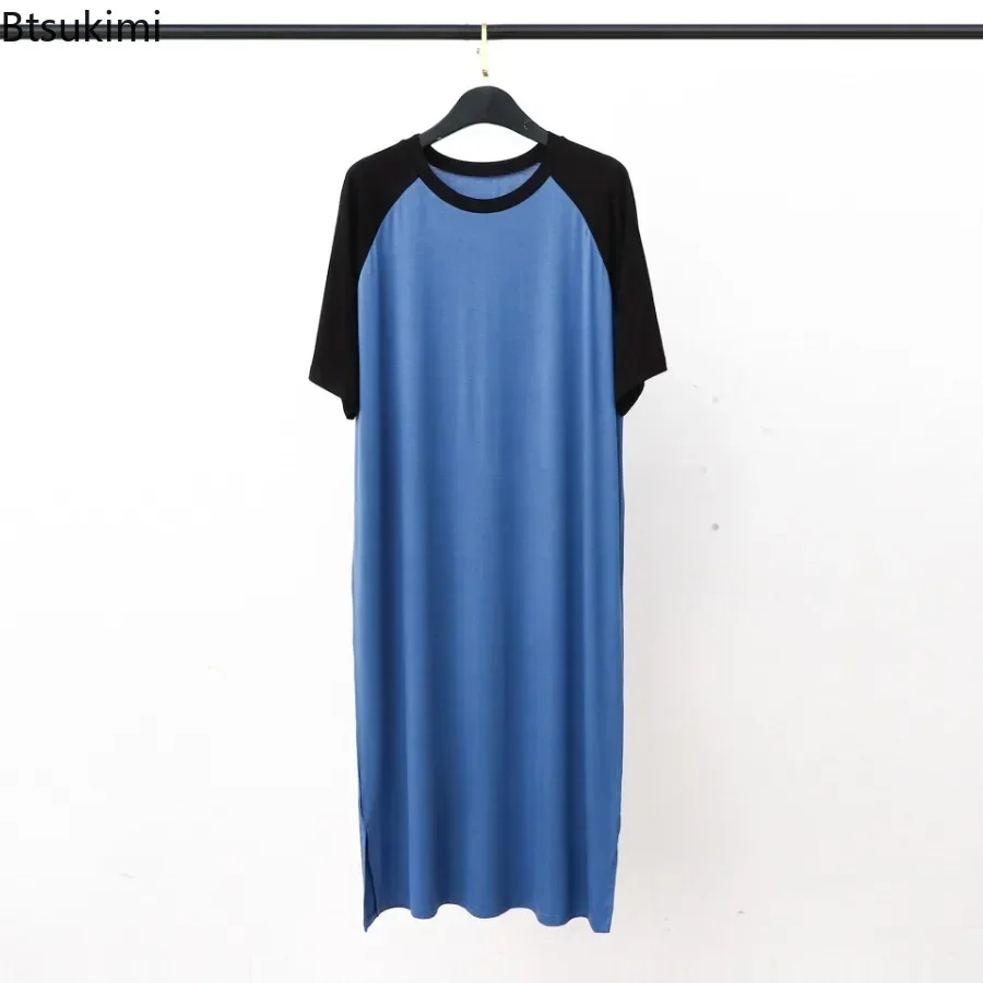 New 2024 Men\'s Modal O-neck Sleepwear Nightgown Patchwork Robes Mid-long Knee Length Loose Home Clothes Loungewear for Men Dress