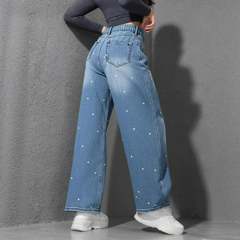 Stile europeo americano a forma di cuore jacquard a vita alta a gamba larga da donna 2026 autunno/inverno nuovi pantaloni lunghi larghi alla moda