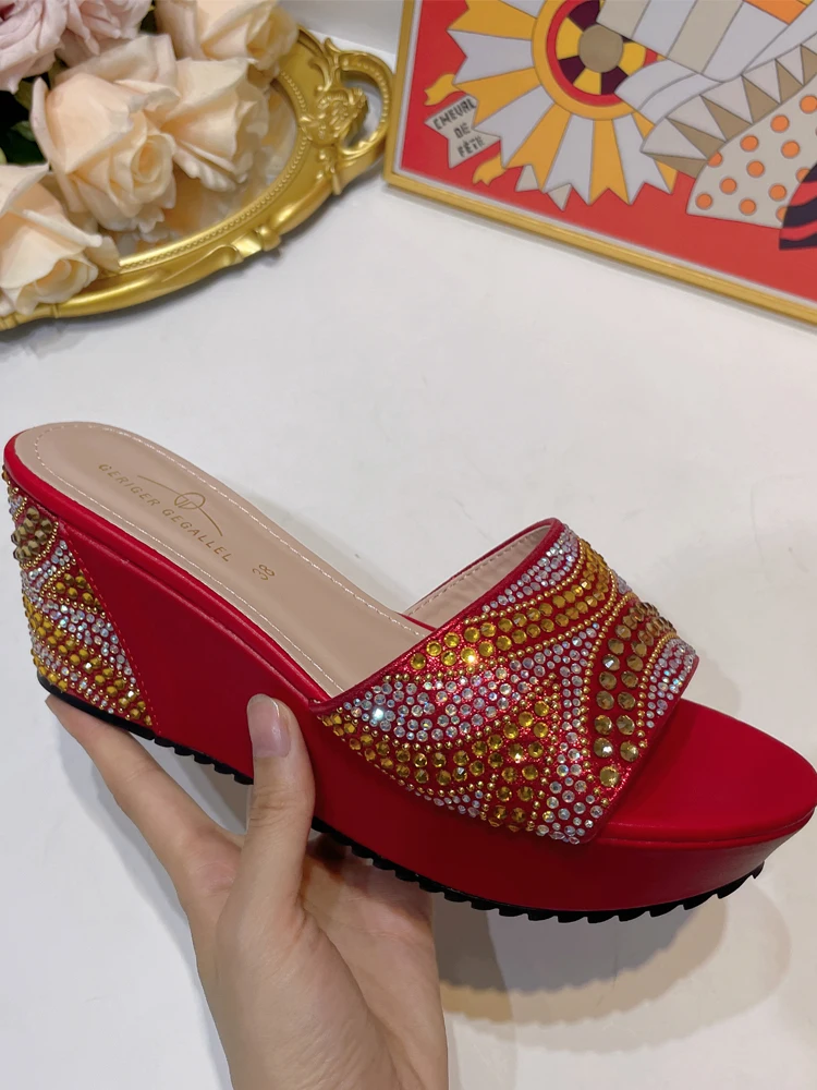 Colorful Rhinestone Wedge Mules Women Summer Shoe 177-18 Slip on Parti Shoe Lady Wedge Heel Nigerian Party Shoe Designer Sandal