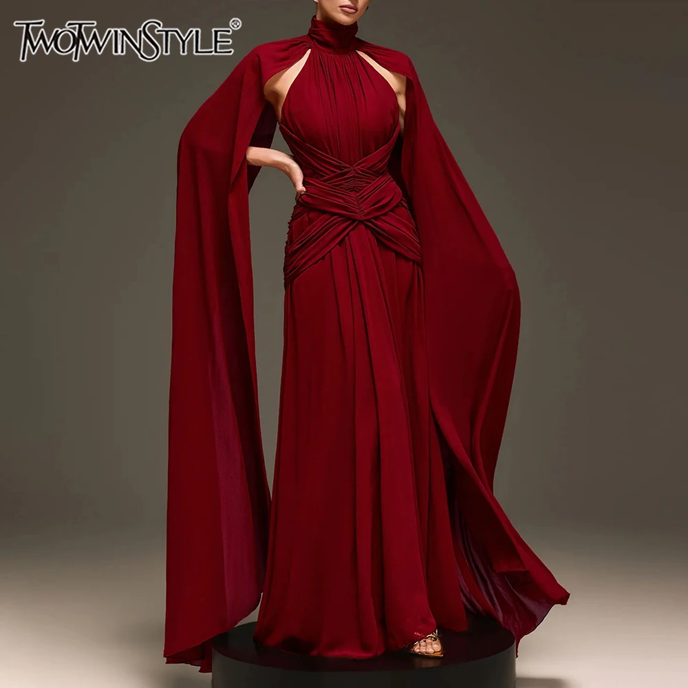 

TWOTWINSTYLE Solid Slimming Spliced Folds Dress for Women High Neck Sleeveless Patchwork Shawl Midi Dresses Female Fashion New