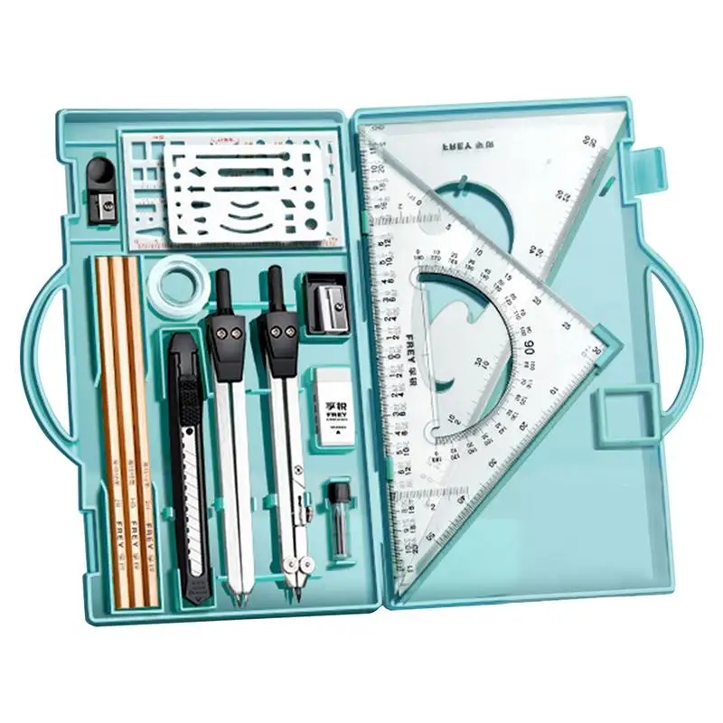 Drafting Kit Metal Rulers And Compasses Geometry Set With Case Triangle Ruler Compass Protractor Set Drafting Supplies