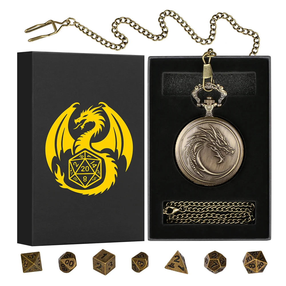 Antique Punk Dragon Head Full Hunter Metal Pocket Watch Case 7pcs/Set Mini Dice Gift Box Vintage Gift for Game Dice Lovers