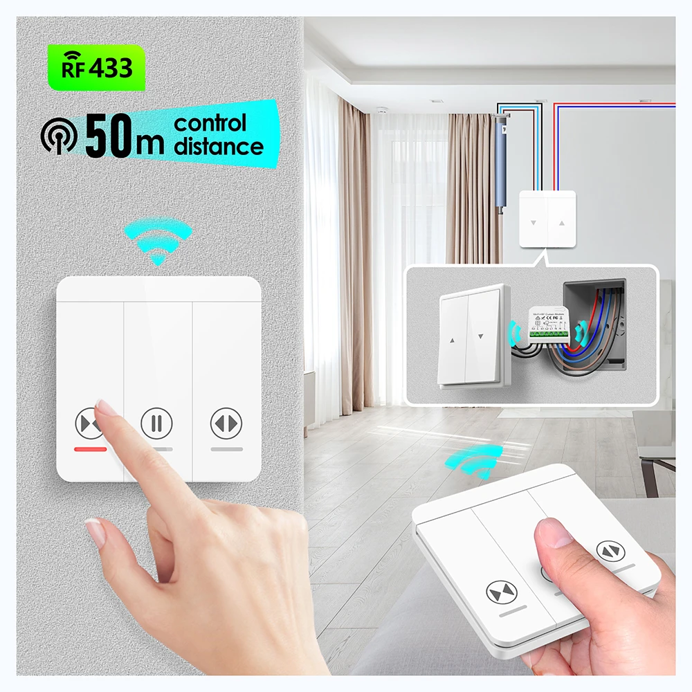 WiFi and RF Smart Curtain Switch Wireless Wall Panel Switch Tuya Smart Life Module for Roller Shutter Blinds Garage,Timer,Alexa