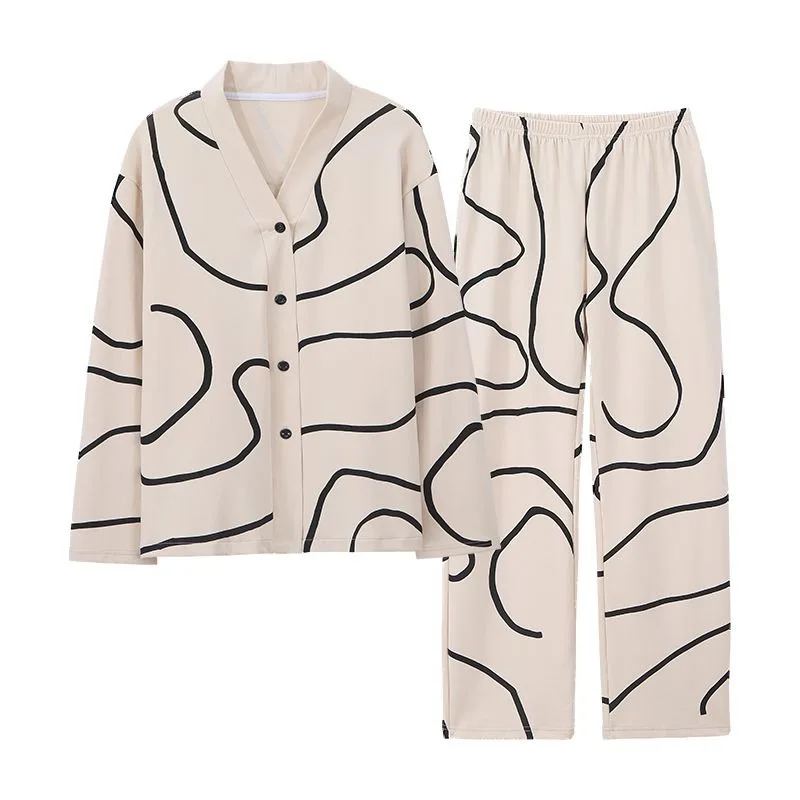 2023 New Pure Cotton Pajamas Women's Spring Autumn Cute Cotton Loungewear Cardigan Long Sleeved V-neck Stripe Loose Homewear