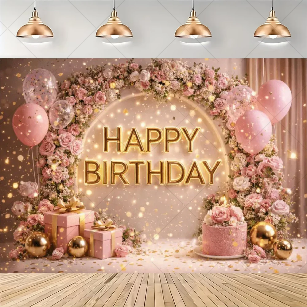 Boho Floral Birthday Party Decoration Backdrop Pink Gold Balloon Flowers Photography Background Women Girls Photo Booth Banner