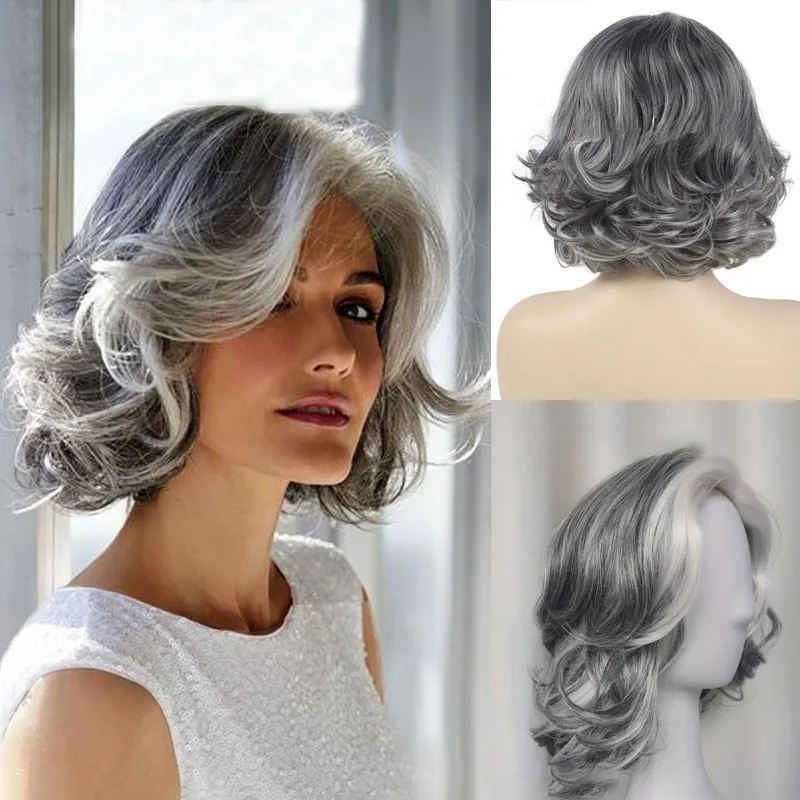 

Synthetic Curly Silver Gray Wig with Bangs Fashionable Hairstyle Women's Short Bob Wig for Cosplay