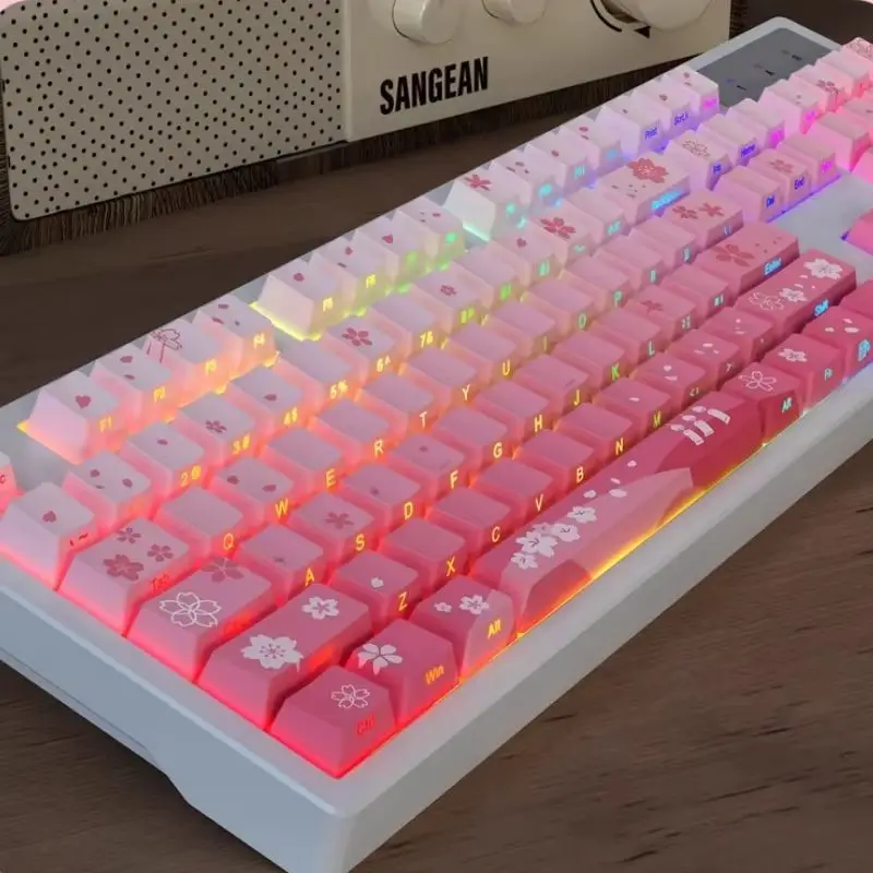 Sakura Themed Side Engraved Keycap Wired Mechanical Keyboard Full Key No Conflict Large Capacity Long Battery Life Game Office