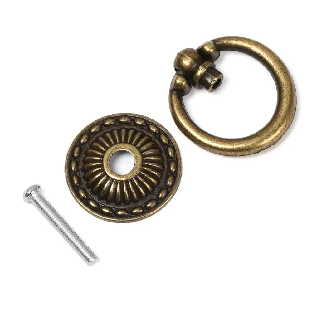 Retro European Style Furniture Knobs Single Hole Bronze Handles Wardrobe Pulls Ring Pattern Cabinet Pull Furniture Hardware