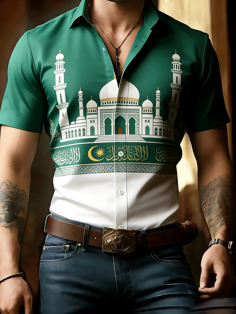 Men's New Muslim Fashion Pattern 3D Printed Multi-color Shirt Hawaiian Casual Outdoor Shirt for Men Simple Business Clothes Men