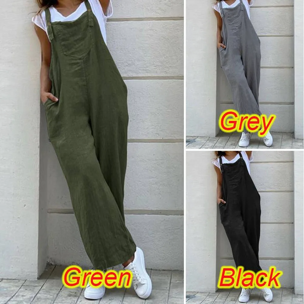 

Women Wide Leg Pants Summer Adjustable Strap Pocket Loose Cotton Linen Overalls 2025