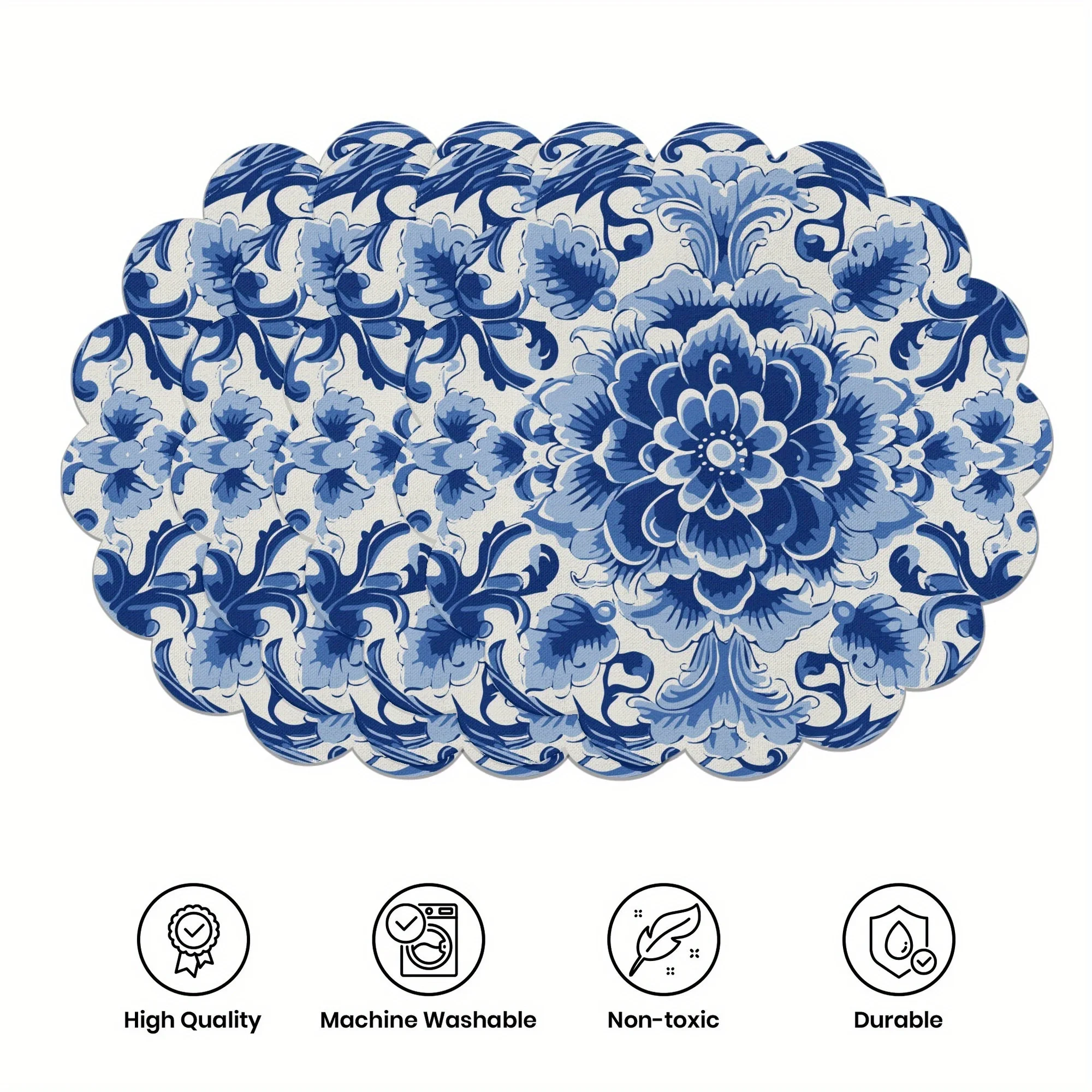 VIKAMA 4PC Blue and White Flower Table Mat Vine Fragrant Countryside Style Table Decoration and Accessories