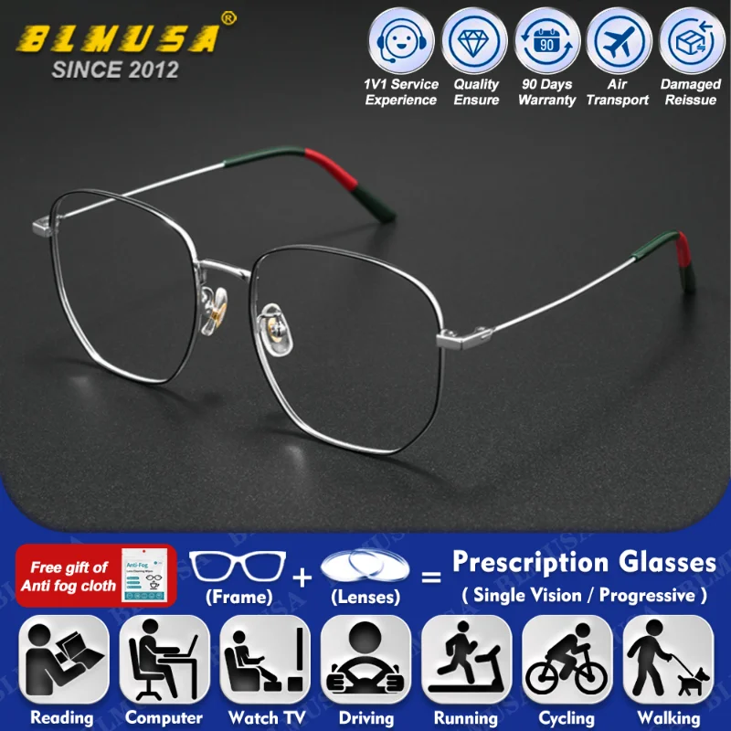 BLMUSA (XL) Trendige Legierungs-Myopie-Photochrome-Korrekturbrille für Damen, Polygon, Hochwertige Anti-Blaulicht-Progressivbrille