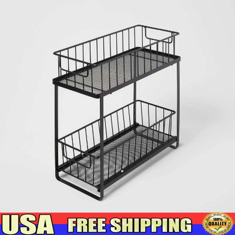 

Two Tier Slide Out Organizer Rust-Resistant Steel Storage Basket Under Sink Mesh Design Easy Access Countertop Cabinet