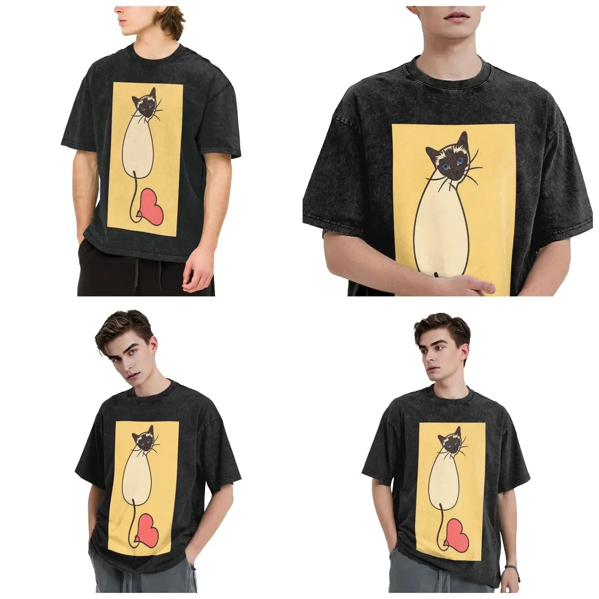 Streetwear T-Shirts Love Siamese Cat-Yellow Washed T Shirt Short Sleeve Hip Hop T-Shirt Tops Tees for Men Women