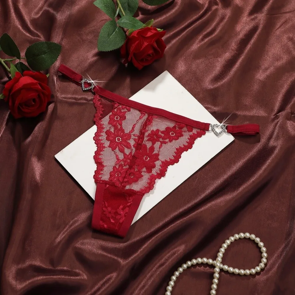 Jacquard Heart Rhinestone Thongs Low Waist Traceless Lace Flower Bikini Briefs Cotton Crotch Underpants T-back Panties