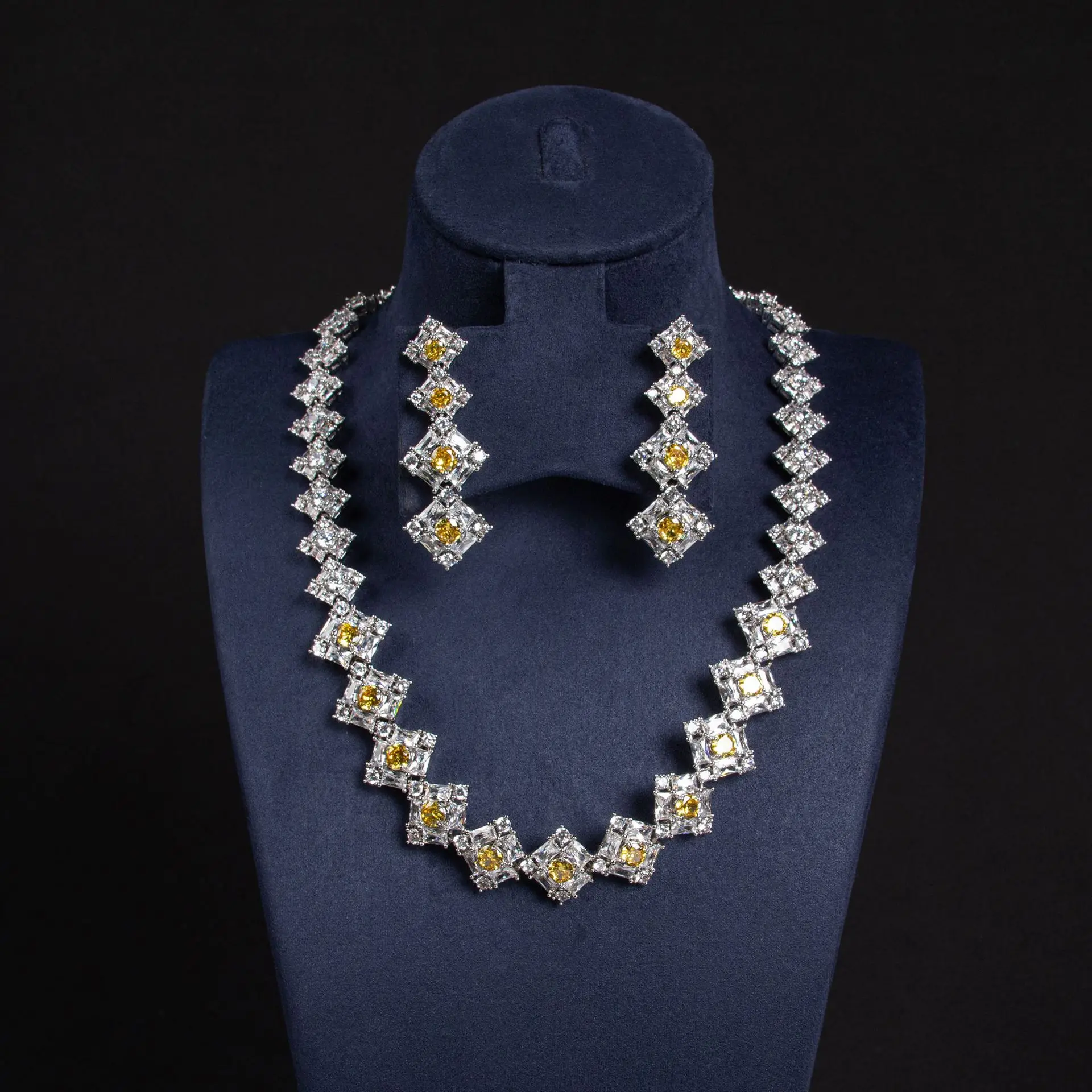

2 Pcs Temperament Square Jewellery Accessories Cubic Zirconia Women Necklace Earrings Set Summer Banquet Dress Dating M-93