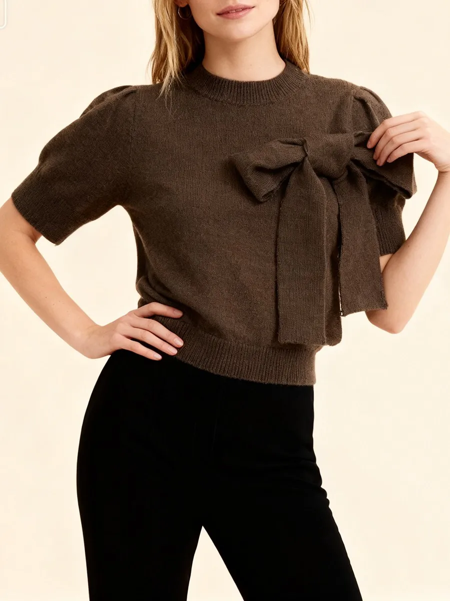 TWOTWINSTYLE Vintage Elegante Pullover für Frauen Halb Hohen Kragen Kurzarm Patchwork Bowknot Abnehmen Kurze Strickwaren Weibliche