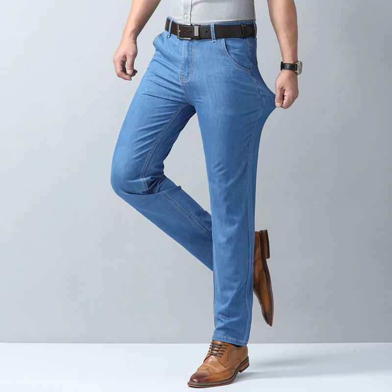 Men's Ice Silk Thin Straight Leg Slim Jeans Spring Summer Stretch Classic Casual Denim Trousers Korean Daily Street Pants