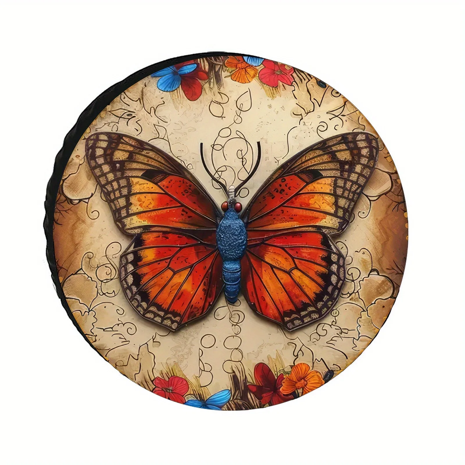 Vintage Butterfly Tire Cover Orange Monarch Floral Style Polyester Spare Wheel Protector For SUV