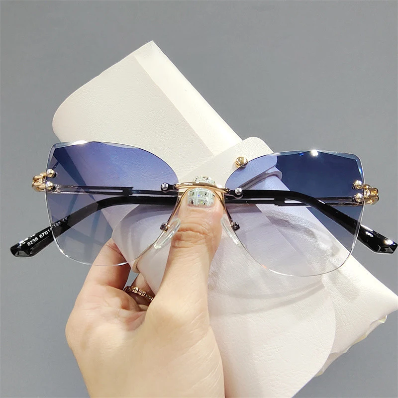 KAMMPT Oversized Rimless Cat Eye Sun Glasses for Woemn 2022 Trendy Fashion Popular Female Eyewear Top Brand Designer Shades