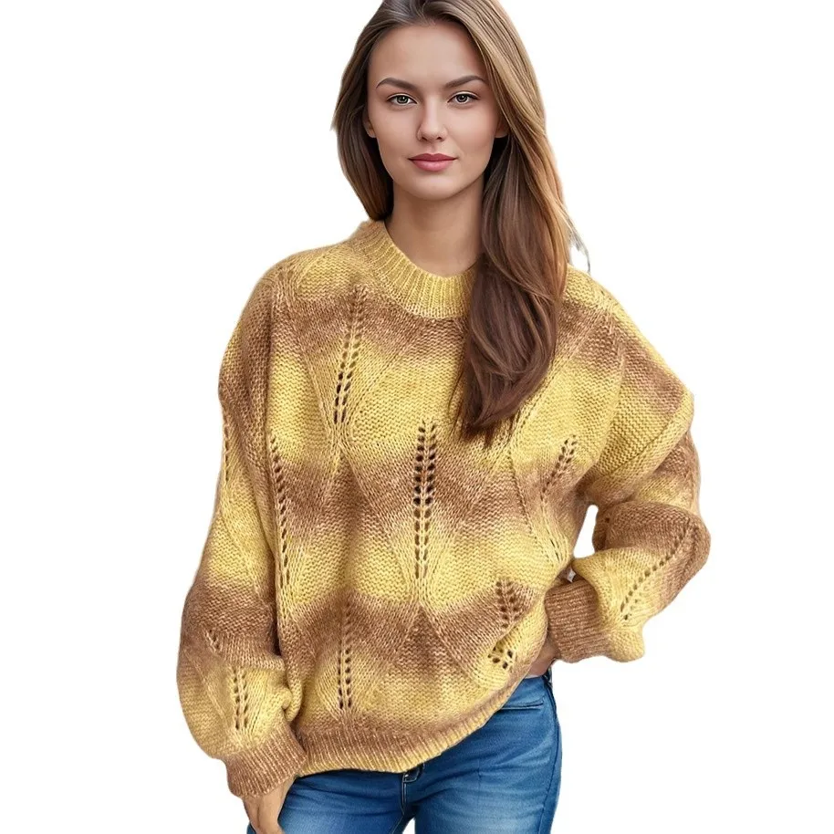 2025 Autumn and Winter New Lightweight Rainbow Gradient Hollow Knitted Round Neck Pullover Sweater for Women 5