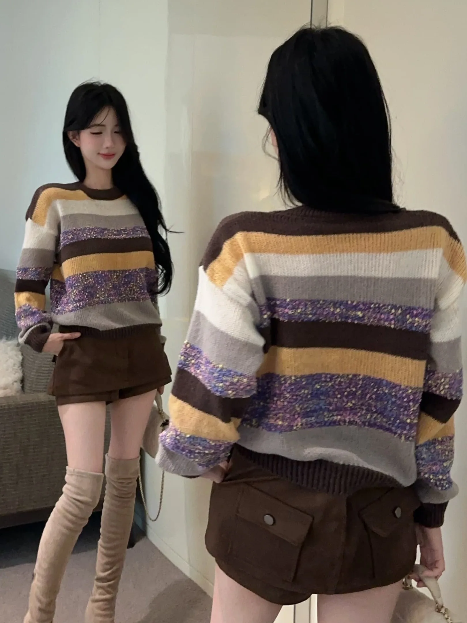 Sweet Retro round Ne Striped Knit Sweater Loose Casual Overhead Trendy Girl's Faion Straight Tube Long Sve Winter Top