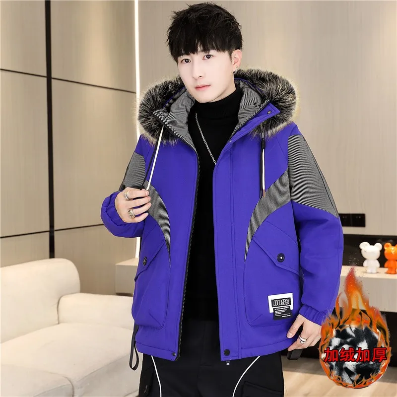 Trendy color matching winter men's coat parka with plush cotton lining thick insulation hooded fur collar coat men's jacket