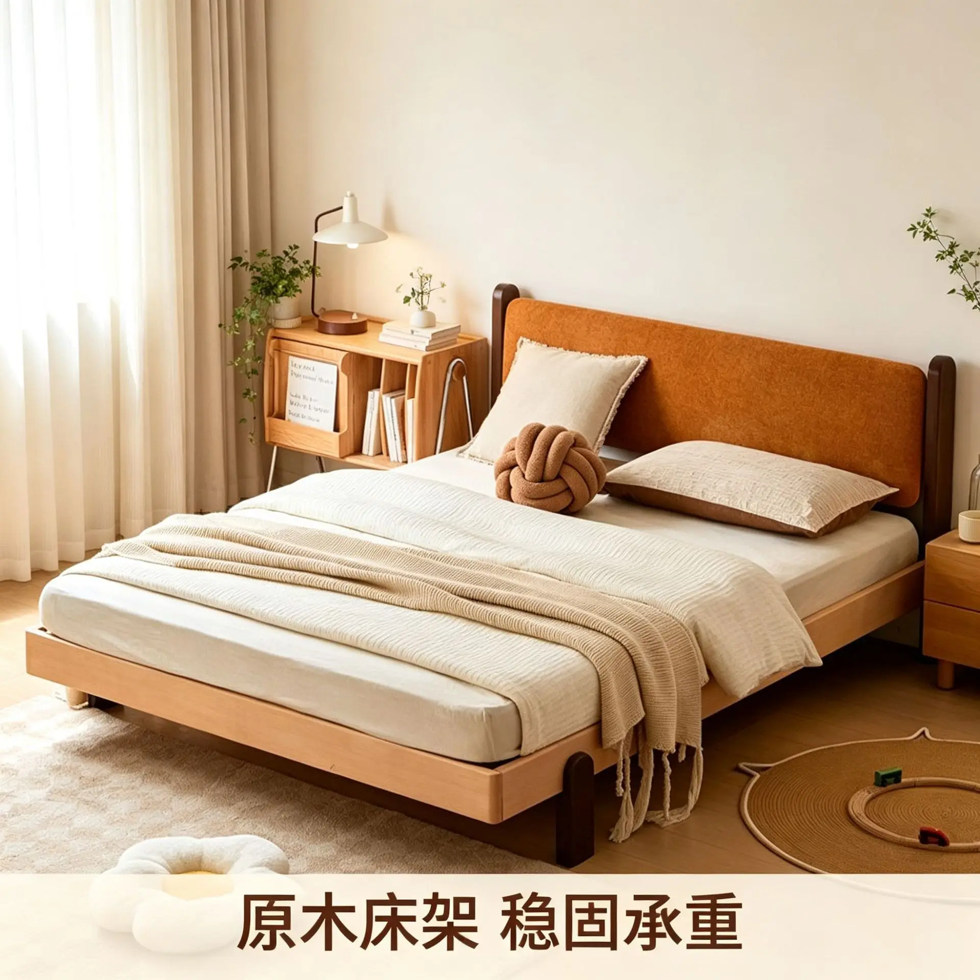 Soft bag solid wood bed Full rounded corner anti-collision low bed Encrypted breathable row skeleton Silent log bed
